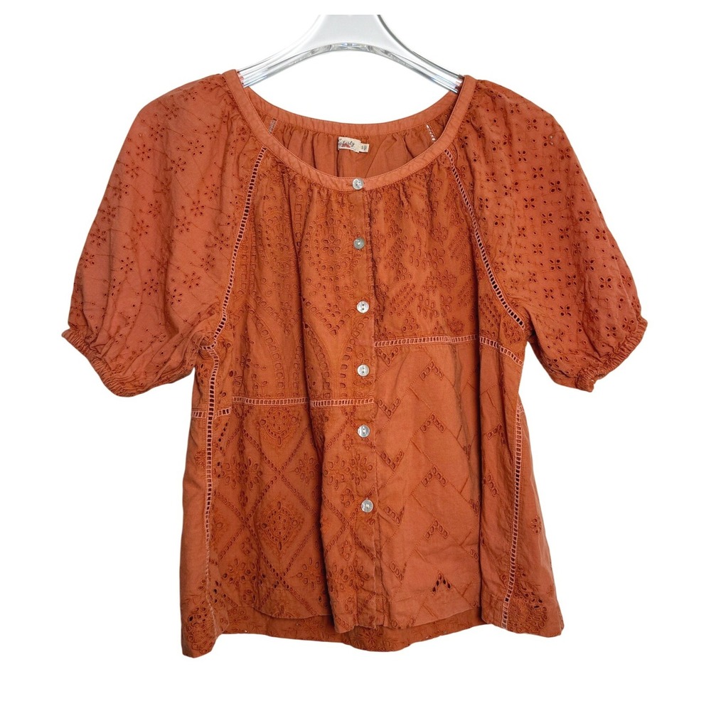Faherty Carmel Eyelet Top Womens S Orange Organic Cotton Puff Sleeve Blouse